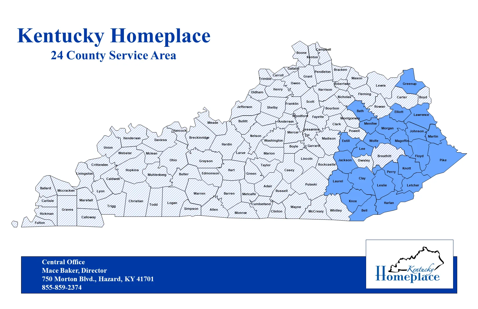 Graphic image showing the counties in Kentucky where Kentucky Homeplace offices are located.