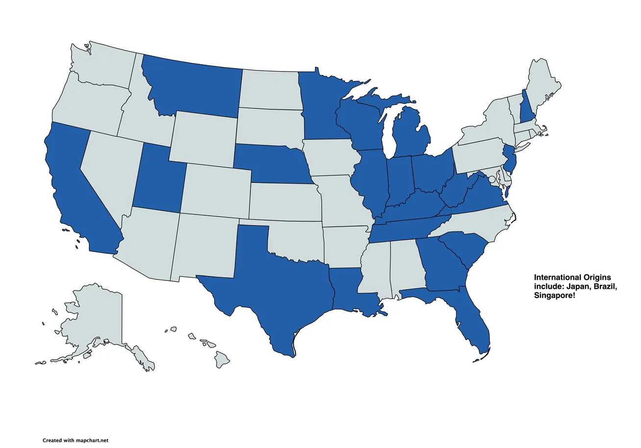 A map of the U.S. highlighting the following home states of program graduates: California, Florida, Georgia, Illinois, Indiana, Kentucky, Louisiana, Montana, Minnesota, Michigan, Nebraska, New Hampshire, New Jersey, Ohio, South Carolina, Tennessee, Texas, Utah, Virginia, West Virginia, and Wisconsin. Graduates also come from international origins including Japan, Brazil, and Singapore. 
