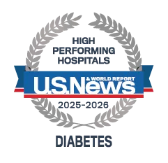 An award from US News and World Reports that indicates "high performing diabetes hospital, 2025-2026"