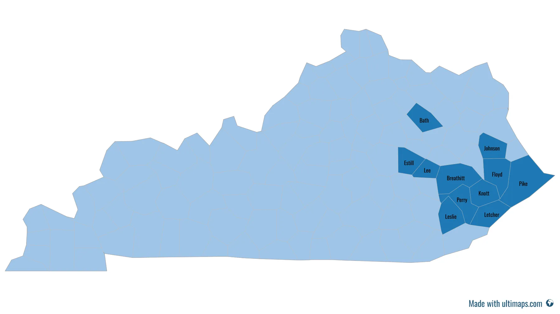 A map of Kentucky with Bath, Breathitt, Estill, Floyd, Johnson, Knott, Lee, Leslie, Letcher, Perry, and Pike Counties highlighted
