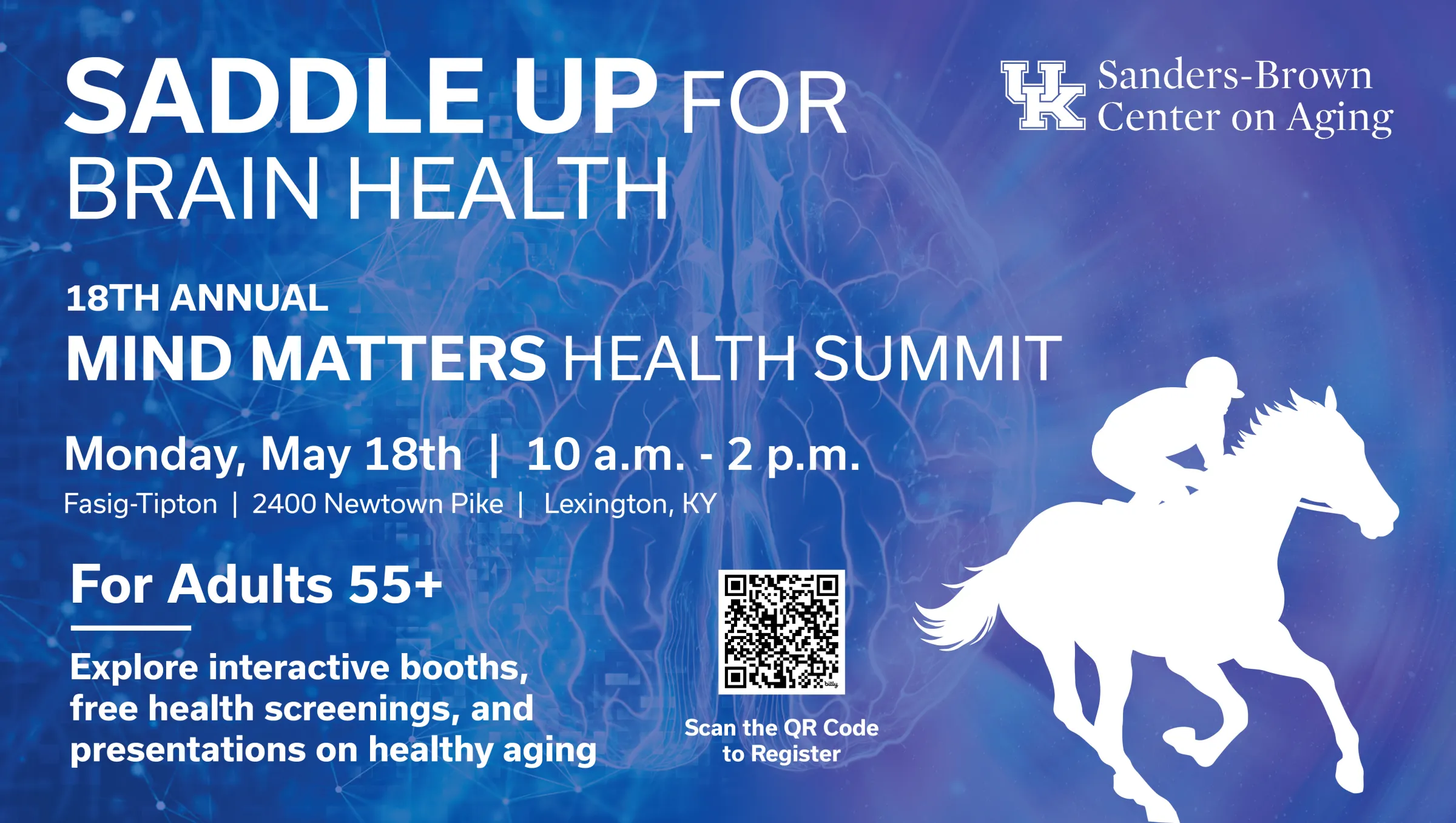 Saddle Up for Brain Health: Mind Matters Health Summit Flyer, image with brain in background and rider on a horse, complete details listed in text below image.