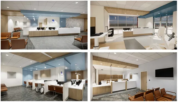 Four pictures of the lobby of the new University of Kentucky Healthcare location for Primary Care located at 2091 Lantern Ridge Drive, Richmond, KY 40475.  