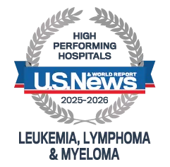 An award from US News and World Reports that indicates "high performing leukemia, lymphoma, & myeloma hospital 2025-2026"