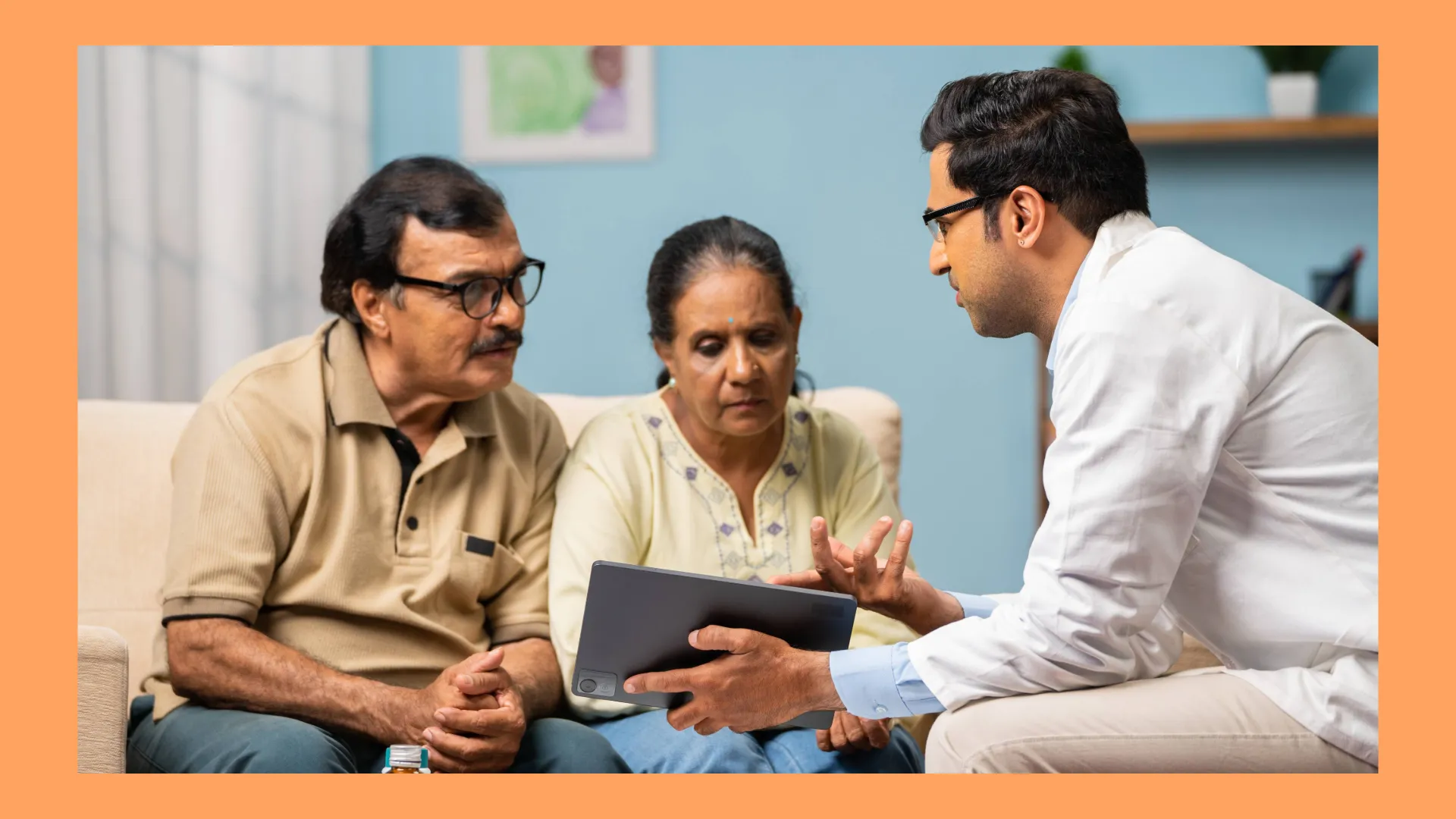 A doctor is educating and assisting a middle-aged couple on finding proper care for their relative with dementia. 