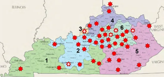 Kentucky map showing congressional districts noting that large parts of districts are rural. Red stars indicate ADRC participants' county locations.