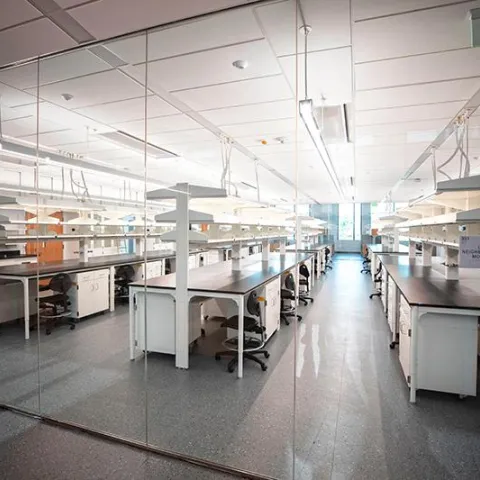 looking through the glass wall into a laboratory