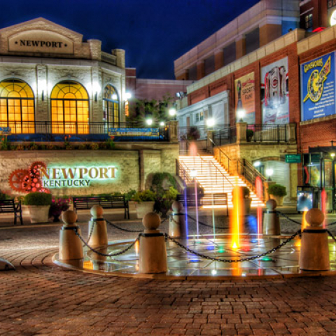 night photo of a consumer shopping center in Newport, Kentucky