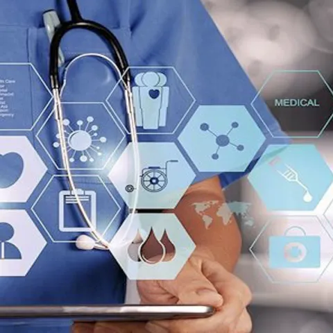 provider torso with hand on a tablet screen; lots of hexagons on with symbols on the inside: eye, heart, patient, chart, wheelchair, virus, medical, syringe, first aid kit, beakers, microscope, pill, cross medical symbol