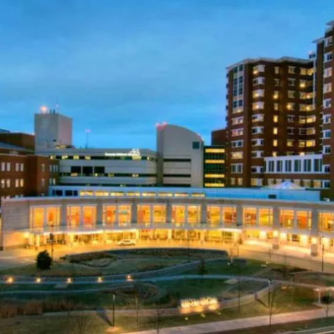 the front of UK Chandler Medical Center at dusk