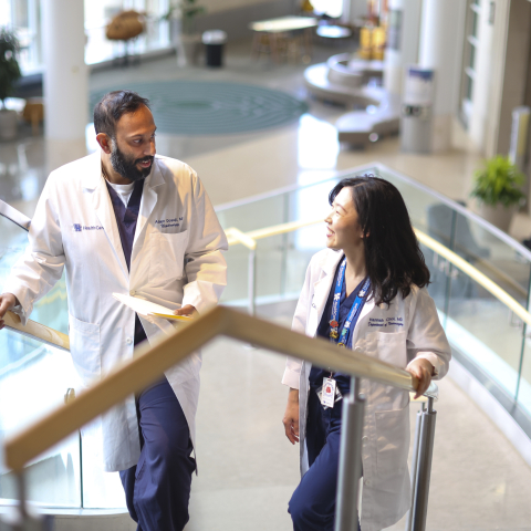 Two medical residents walking up the stairs together in conversation 