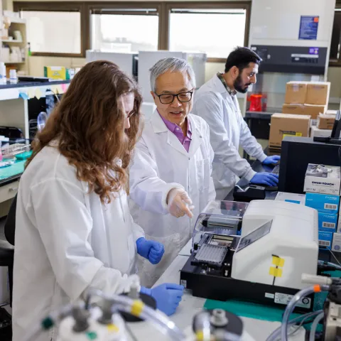 Dr. Feng Li working in the lab with a lab assistant. 