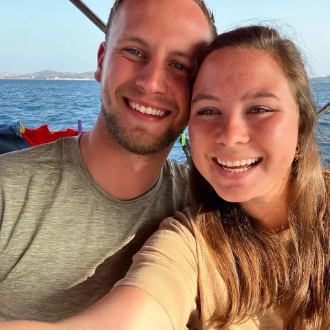 Elise Rogers and her brother by the sea.