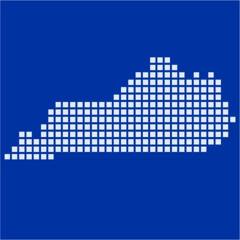 graphic decorative image of white kentucky state made up of many squares on a wildcat blue background