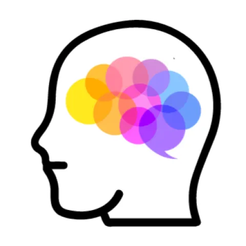 Outline of a human head with the Brain Health logo inside- rainbow circles overlapping to form the shape of a brain. 