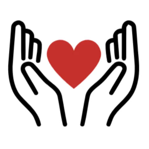 Black outline of hands holding a red heart. 