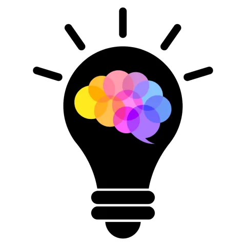 A black shape of a lightbulb with our Brain Health logo placed within, a collection of transparent colorful circles that make the shape of a brain. 