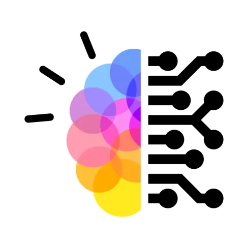 This is our Activities logo where transparent, colorful circles shape the form of one side of a brain, and circuits form the other. 