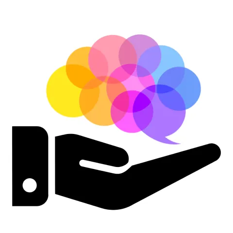 Black outline of a hand holding our Brain Health logo- transparent, colorful circles forming the shape of a brain. 