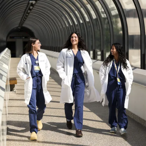Three medical professional walking and talking 