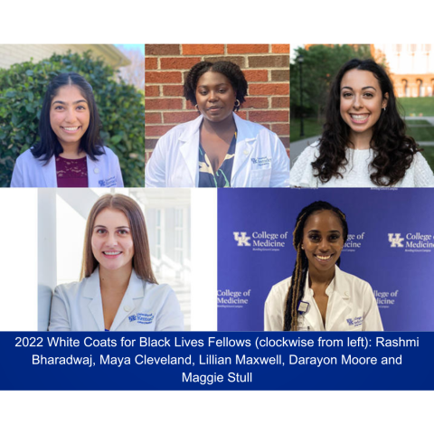 2022 White Coats for Black Lives Fellows (clockwise from left): Rashmi Bharadwaj, Maya Cleveland, Lillian Maxwell, Darayon Moore and Maggie Stull