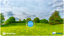 Screen preview of what VRTogether looks like - a serene forest scene with a blue dot that says exhale