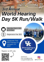 Flyer for the 3rd Annual World Hearing Day 5K Run/Walk on March 14 at Coldstream Park in Lexington. Registration is $25.