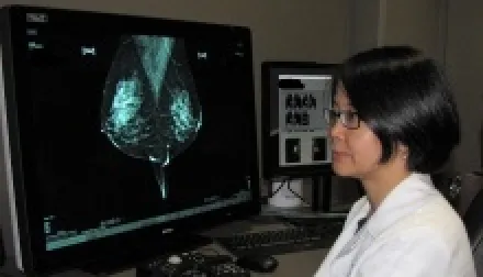 researcher looking at a imaging scan on a computer screen