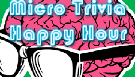 drawing of a brain wearing glasses with the text Micro Trivia Happy Hour