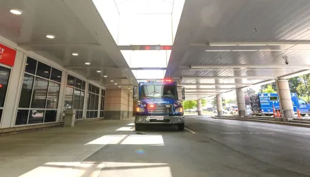 Emergency ambulance outside of a hospital