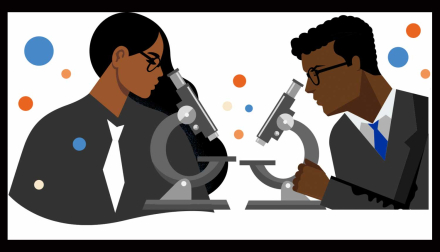 two black scientists looking in microscopes