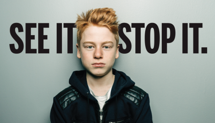 Child Sex Trafficking is Preventable: CSTOP Now! Advertisement. Child with red hair and a hoodie, surrounded by the words: SEE IT, STOP IT.