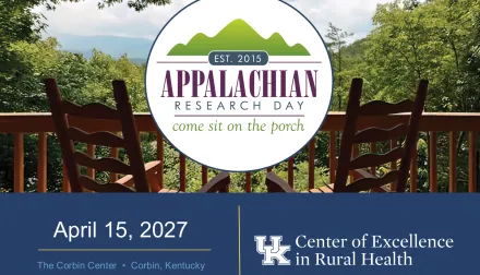 Graphic design includes a nature photo of mountains, Appalachian Research Day logo and text that says April 15, 2027, Corbin, Kentucky
