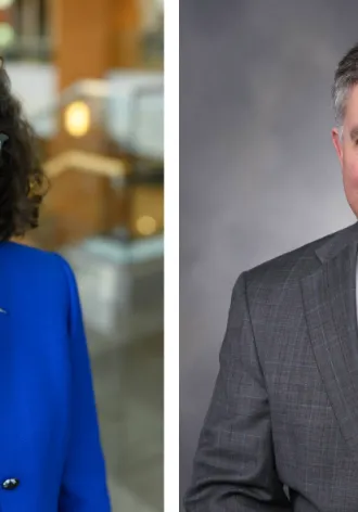 Two headshots sit next to one another. One of a woman in a blue cardigan, and the other of a man in a gray suit and blue tie.