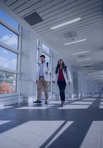 students walking through a bridge with a blue overlay