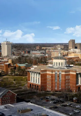An aerial view of the UK campus, focused on the UK library.
