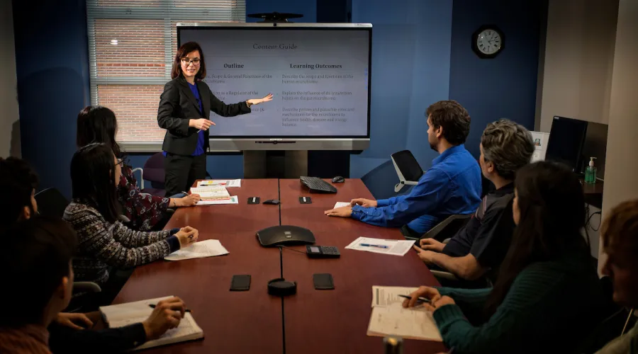 Presentation to members sitting around a conference table.