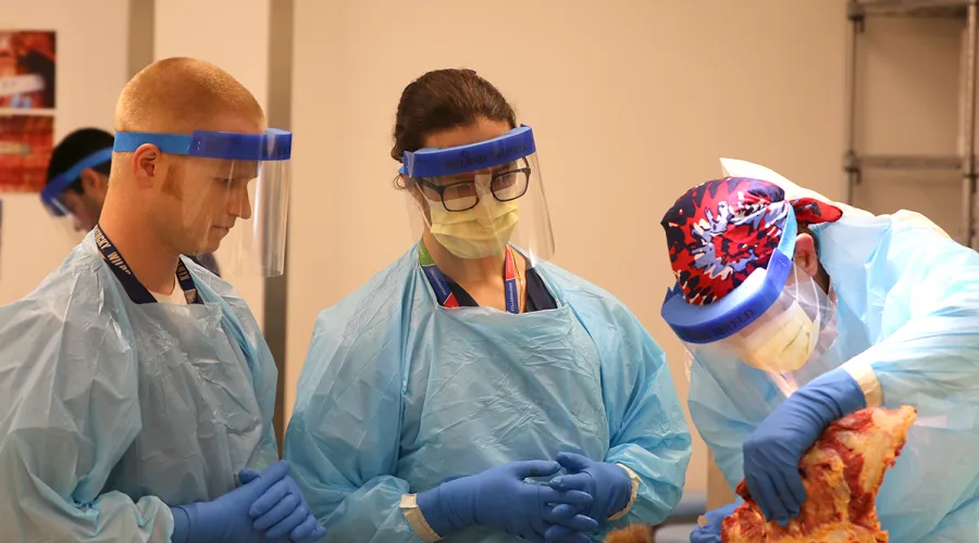 Three medical professionals in scrubs