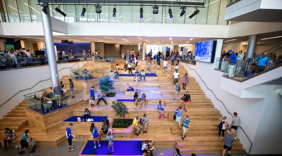 Students on the stairs of the Student Center.