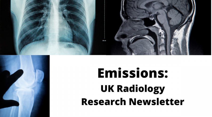 imaging of the human body:  brain, chest, and leg with the words "Emissions: UK Radiology Research Newsletter"