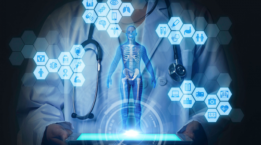 torso of a doctor with a screen open in front of them; screen is projecting an image of the human body with lots of hexagons extended from the body that have tiny images inside of eyes, lungs, stomach, heart monitor, etc.