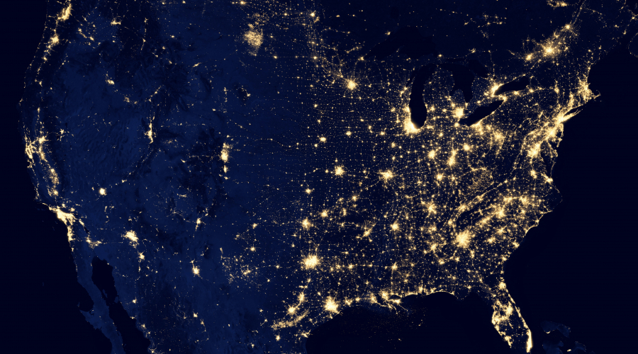 NASA aerial photography at nighttime showing the lights of the cities