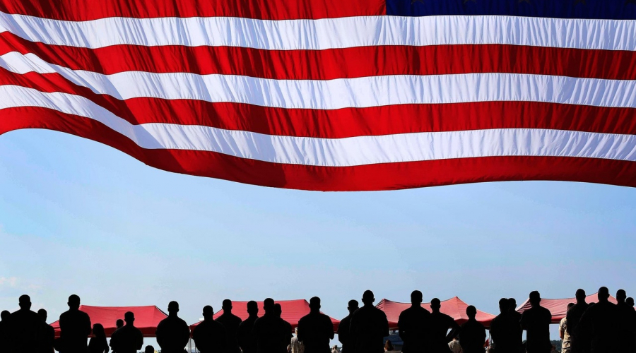 United States flag with soldiers standing in background