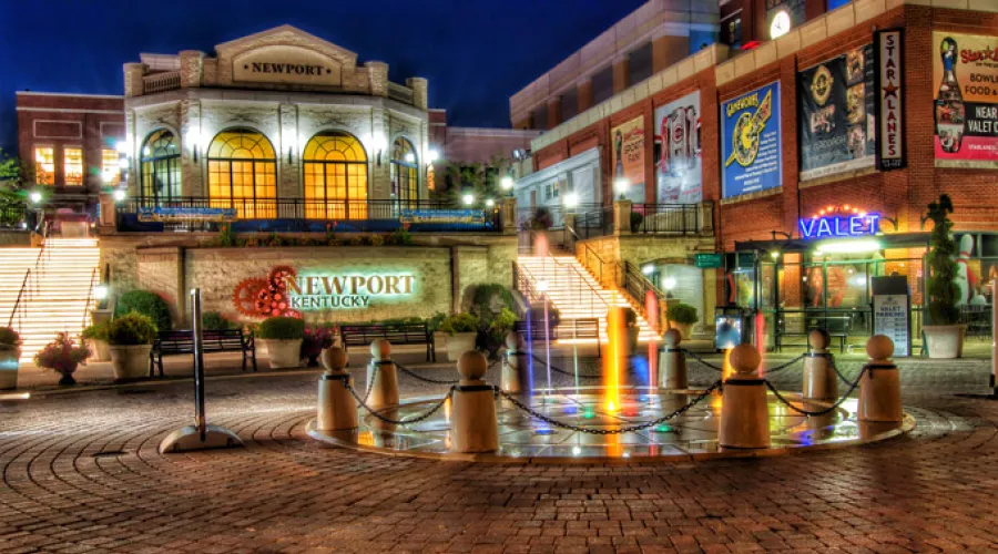 night photo of a consumer shopping center in Newport, Kentucky