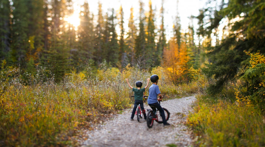 two kids on bicycle on gravel road in woods