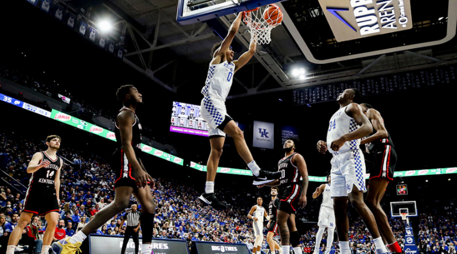 UK home basketball against Western KY University; basketball action in Rupp Arena with UK player dunking basketball