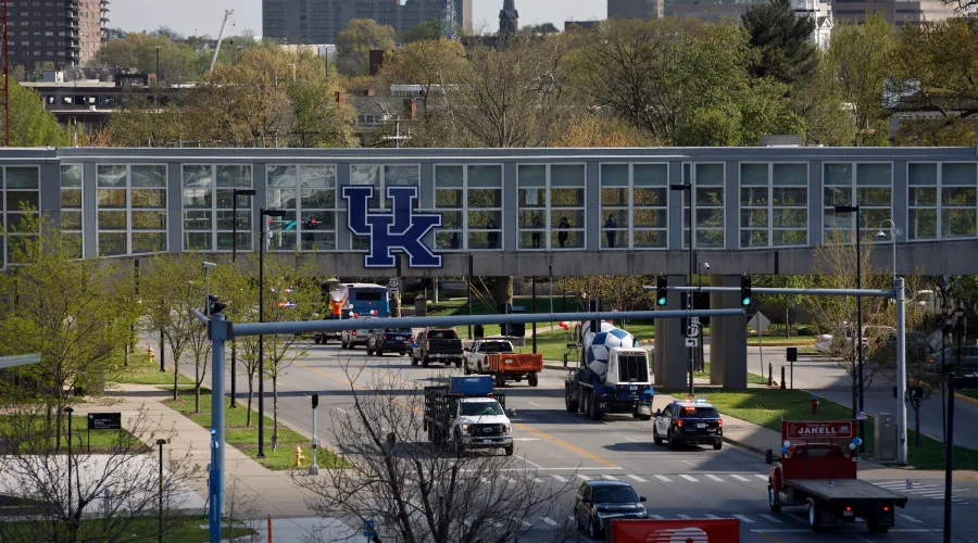 traffic on South Limestone; pedestrian bridge over road