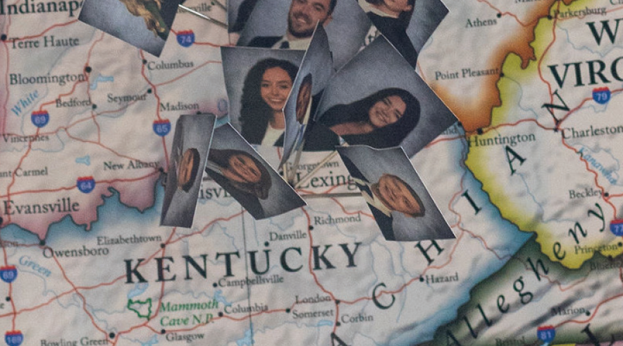 a map of kentucky and neighboring states overlayed with headshots of students, indicating where students matched