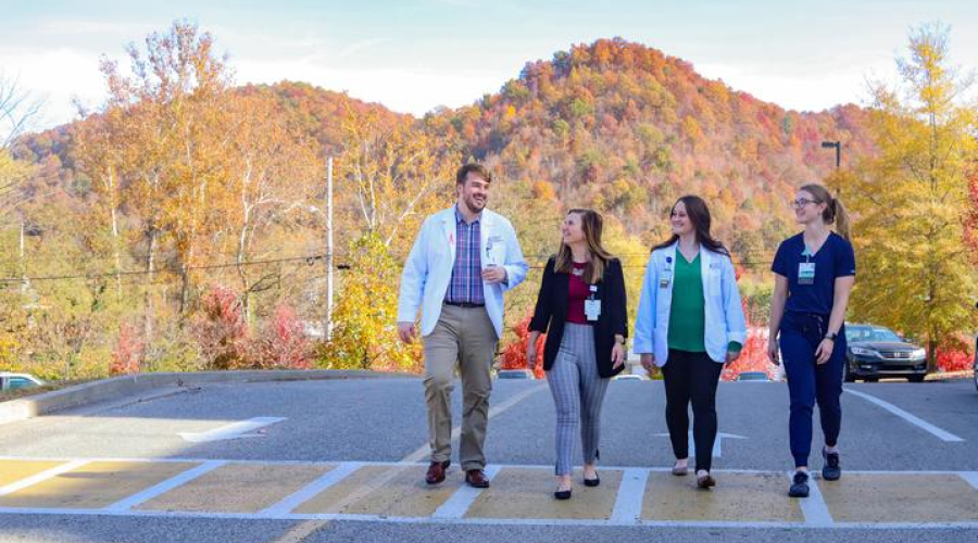 4 medical students walk down the road with a mountain scene behind them