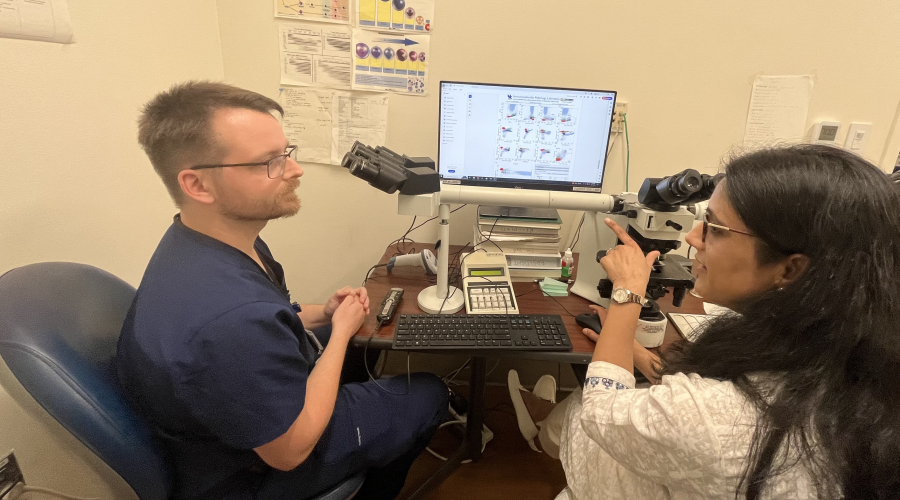 Dr. Rupinder Brar teaches PGY1 Matt Webb flow cytometry.