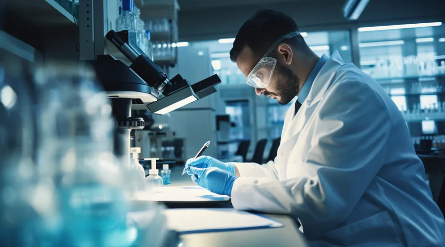 Man weaing goggles in lab with research equipment